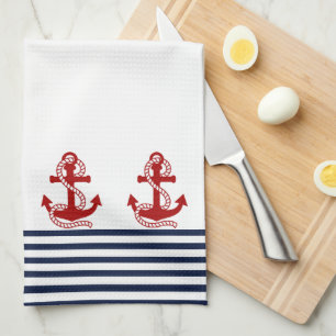 Nautical Navy Blue White Stripes en Red Anchor Theedoek