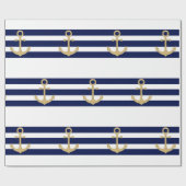 Nautical Navy Blue White Stripes Gold Anchor Cadeaupapier (Vlak)