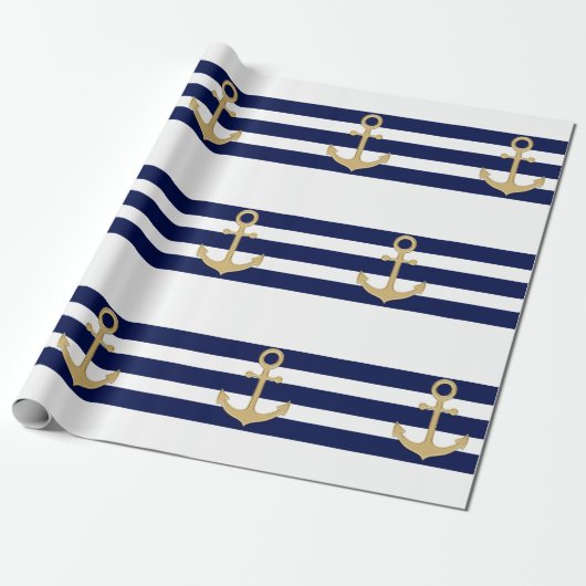 Nautical Navy Blue White Stripes Gold Anchor Cadeaupapier (Uitgerold)