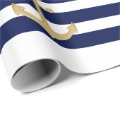 Nautical Navy Blue White Stripes Gold Anchor Cadeaupapier (Rol Hoek)