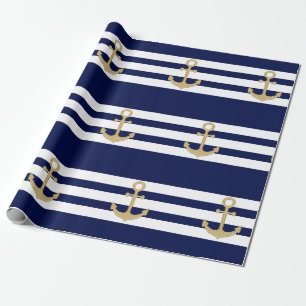 Nautical Navy Blue White Stripes Gold Anchor Cadeaupapier