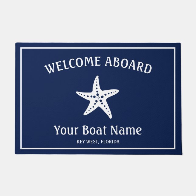 Nautical Navy Blue White Welcome Aboard Starfish Deurmat (Voorkant)