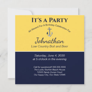 Nautical Navy Blue Yellow Anchor Birthday Party Kaart
