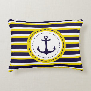 Nautical Navy Blue Yellow Stripes Anchor Design Accent Kussen