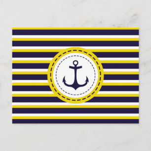 Nautical Navy Blue Yellow Stripes Anchor Design Briefkaart
