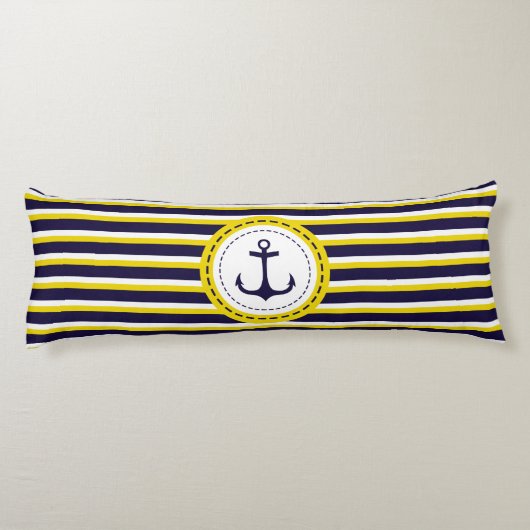 Nautical Navy Blue Yellow Stripes Anchor Design Lichaamskussen (Achterkant)