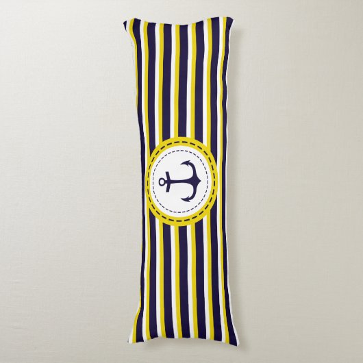 Nautical Navy Blue Yellow Stripes Anchor Design Lichaamskussen (Voorkant Verticaal)