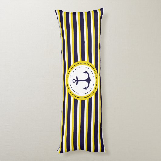 Nautical Navy Blue Yellow Stripes Anchor Design Lichaamskussen (Achterkant (Verticaal))