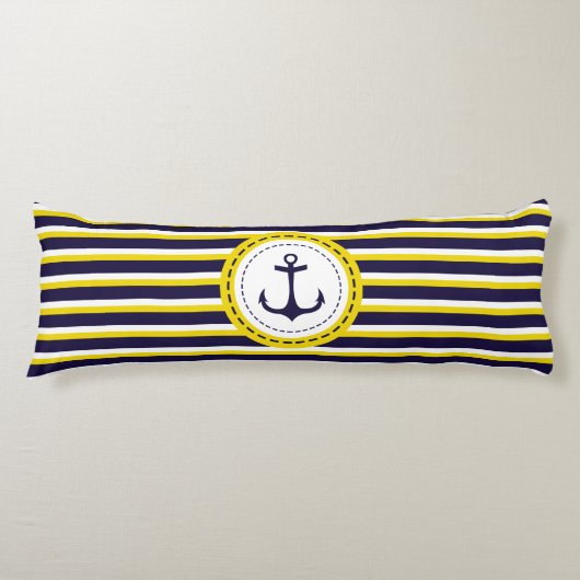 Nautical Navy Blue Yellow Stripes Anchor Design Lichaamskussen (Voorkant)
