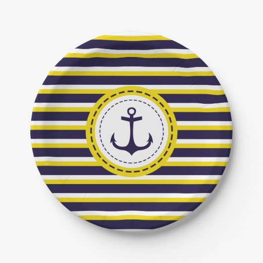 Nautical Navy Blue Yellow Stripes Anchor Design Papieren Bordje (Voorkant)