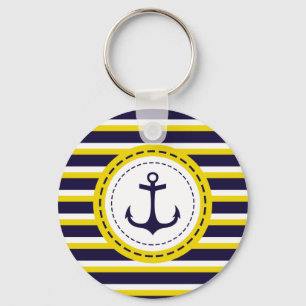 Nautical Navy Blue Yellow Stripes Anchor Design Sleutelhanger