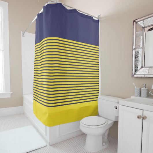 Nautical Navy Blue Yellow Stripes Douchegordijn (In situ)