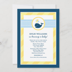 Nautical Navy Blue Yellow Whale Boy Baby shower Kaart