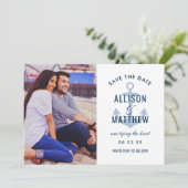 Nautical Navy Dusty Blue Anchor Weddenfoto Save The Date (Staand voorkant)