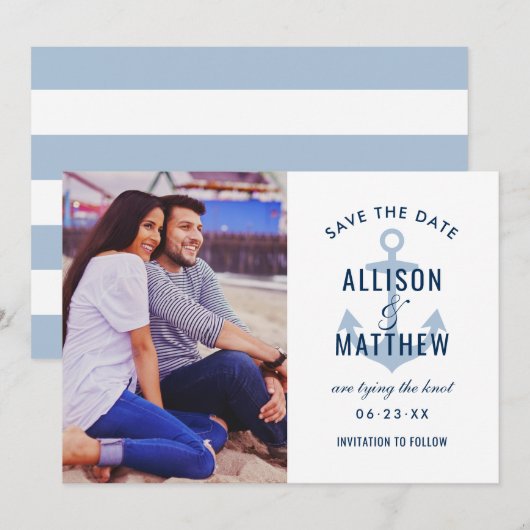 Nautical Navy Dusty Blue Anchor Weddenfoto Save The Date (Voorkant / Achterkant)