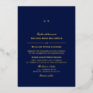 Nautical Navy Gold Anchor Monogram Weddenschap Folie Uitnodiging