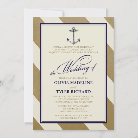 Nautical Navy & Gold Wedding Invitations Kaart (Voorkant)