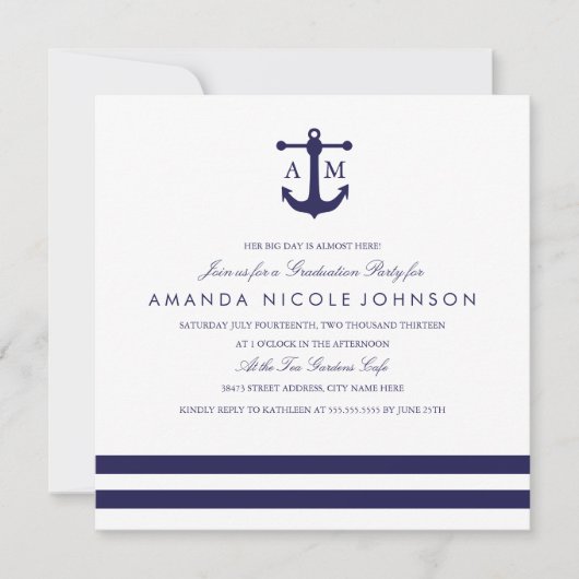 Nautical Navy Graduation Party Invite Kaart (Voorkant)