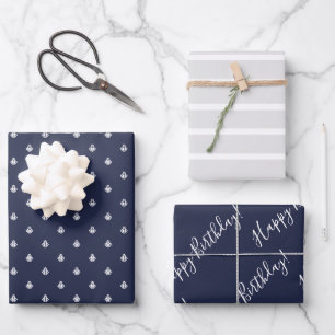 Nautical Navy & Light Grey Birthday Wrapping Inpakpapier Vel