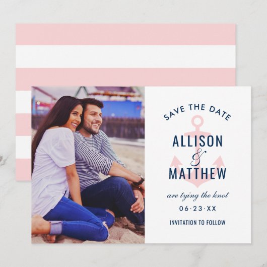 Nautical Navy Light Pink Anchor Wedding Photo Save The Date (Voorkant / Achterkant)