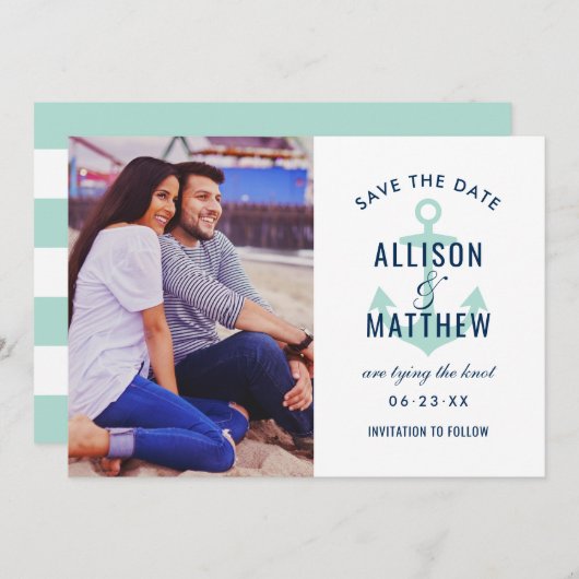 Nautical Navy Mint Green Anchor Wedding Foto Save The Date (Voorkant / Achterkant)