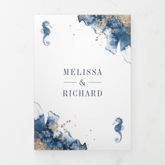 Nautical Navy Monogram Ampersand QR Code Weddensch Drieluik Uitnodiging (Cover)