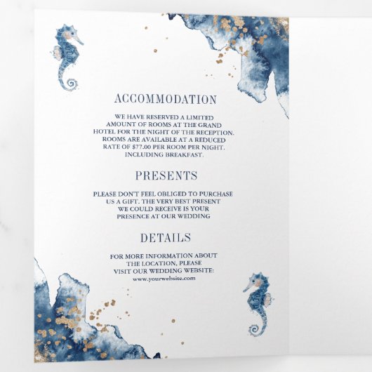 Nautical Navy Monogram Ampersand QR Code Weddensch Drieluik Uitnodiging (Binnenzijde eerst)