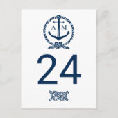 Nautical Navy Monogram Wedding Table Number Briefkaart (Voorkant)