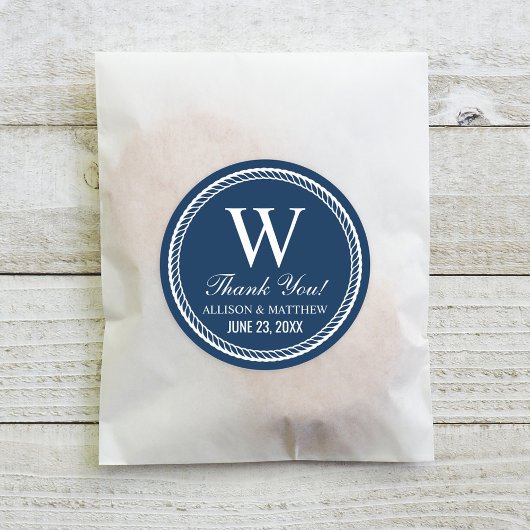 Nautical Navy Rope Wedding Monogram Ronde Sticker