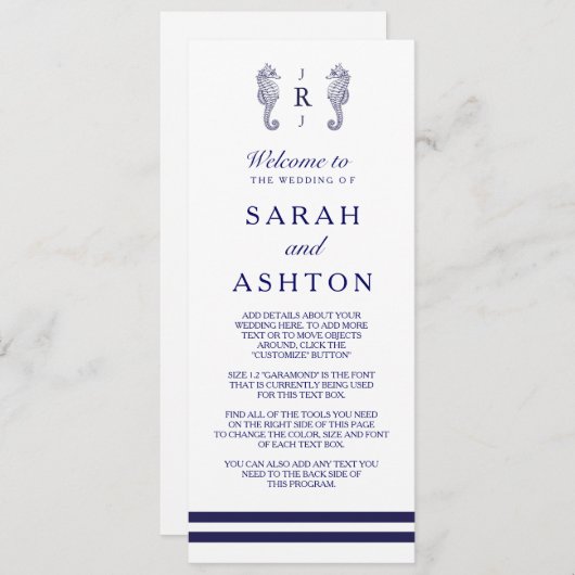 Nautical Navy Seahorse Wedding Programme Programma (Voorkant / Achterkant)