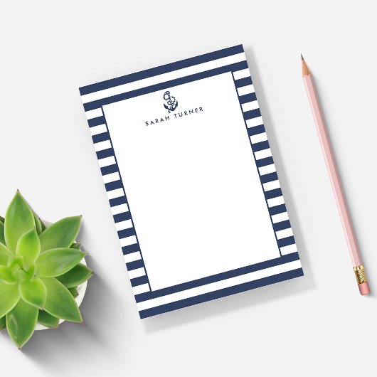 Nautical Navy Stripe & Anchor Personalized Post-it® Notes