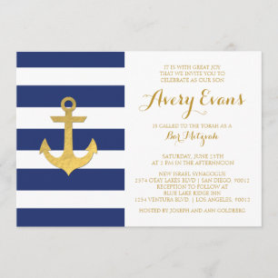 Nautical Navy Stripe Bat Mitzvah Invitations Kaart