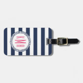 Nautical Navy Stripe & Roze Monogram Bagagelabel (Voorkant horizontaal)