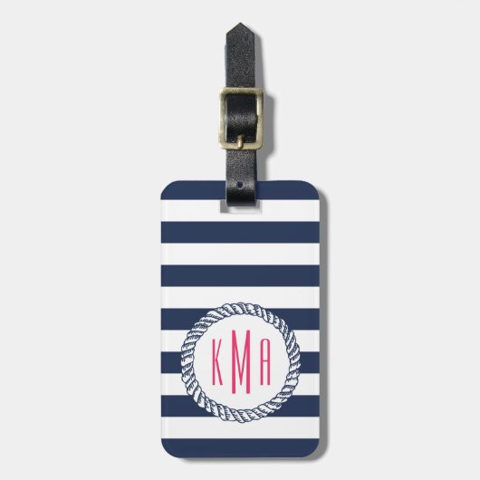 Nautical Navy Stripe & Roze Monogram Bagagelabel (Voorkant verticaal)