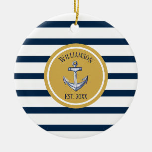 Nautical Navy Stripes and Anchor Custom Wedding Keramisch Ornament