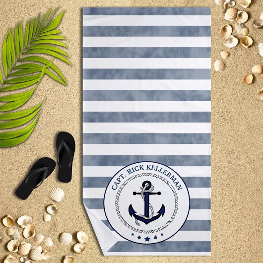 Nautical Navy Stripes and Anchor Personalized Strandlaken