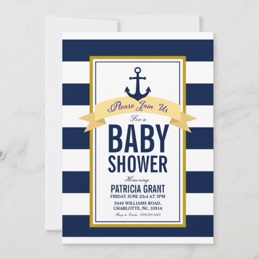 Nautical Navy Stripes Baby shower Invitation Kaart (Voorkant)