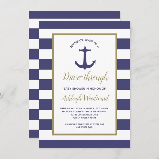 Nautical Navy Stripes Drive-Through Baby shower Kaart (Voorkant / Achterkant)