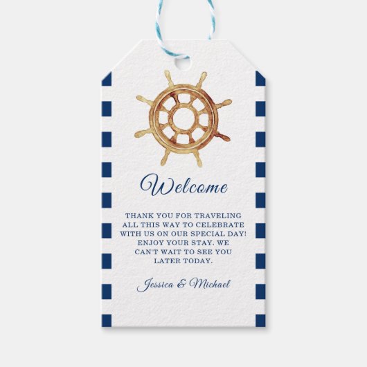 Nautical Navy Stripes Steering Wheel Welkom Cadeaulabel (Voorkant)