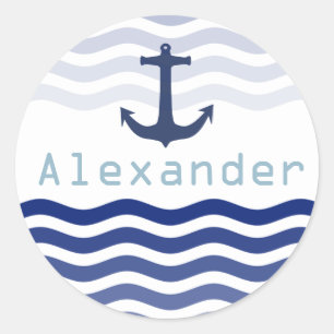Nautical Navy Waves and Anchor Personalized Name Ronde Sticker