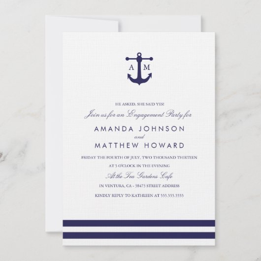 Nautical Navy Wedding Engagement Party Kaart (Voorkant)