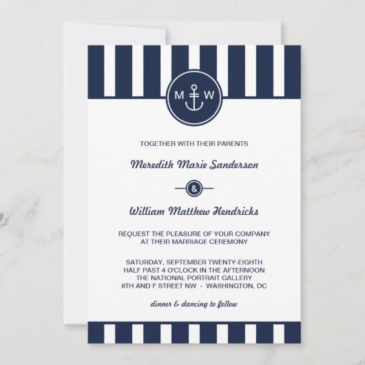Nautical Navy Wedding Invitation Kaart (Voorkant)