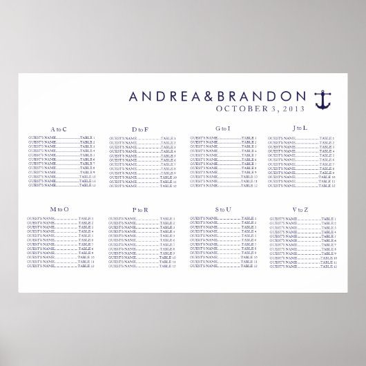 Nautical Navy Wedding Seating Chart Poster (Voorkant)