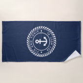 Nautical Navy & White Anchor Boat Name Strandlaken (Voorkant)
