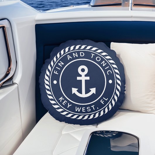 Nautical Navy & White Anchor | Naam van je boot Rond Kussen