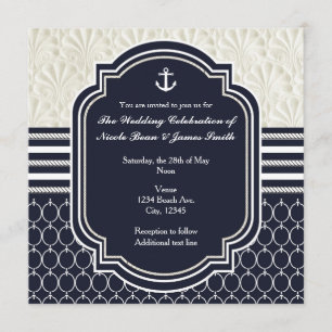 Nautical Navy & White Elegant Beach Wedding Kaart