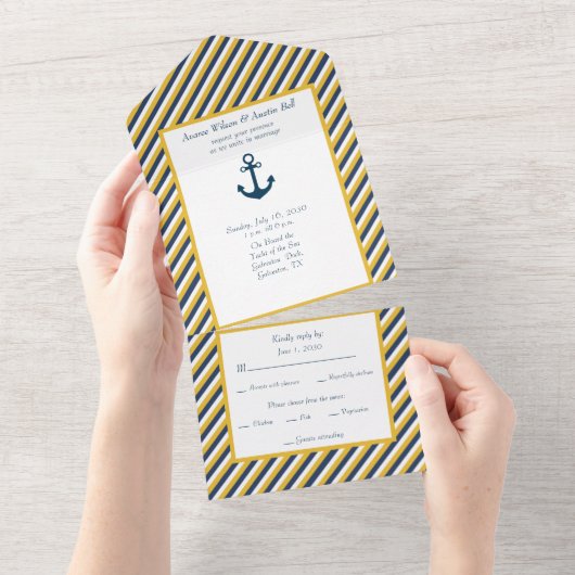 Nautical Navy White en Yellow Stripes All In One Uitnodiging (Afscheurbaar)