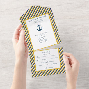 Nautical Navy White en Yellow Stripes All In One Uitnodiging
