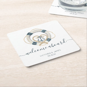 Nautical Navy & White Personalized Wedding Vierkante Kartonnen Onderzetter