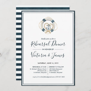 Nautical Navy & White Rehearsal Dinner Invitation Kaart